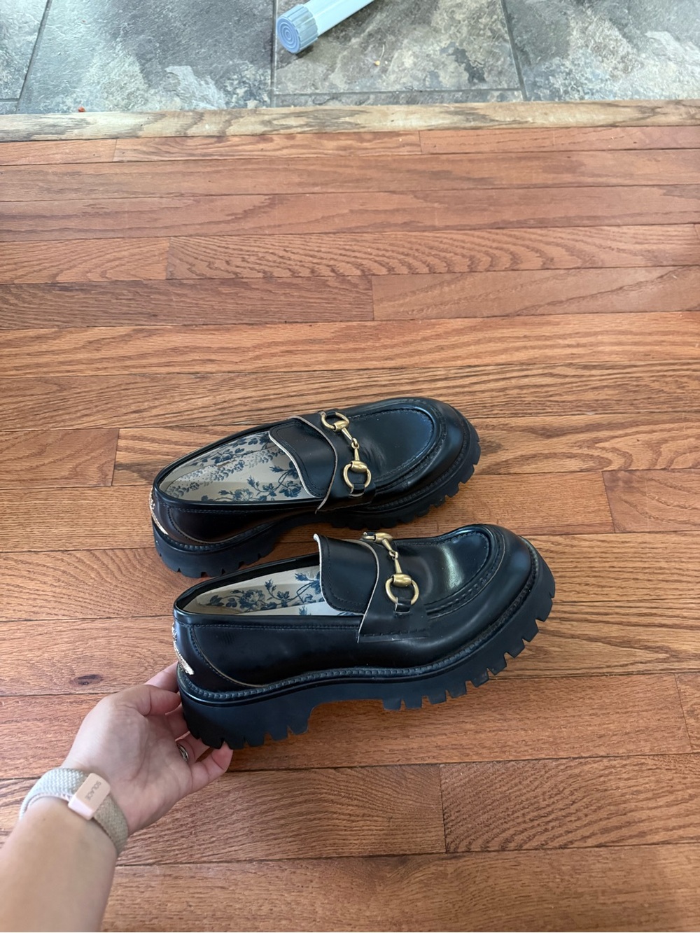 Black Gucci Horsebit Accent Leather Platform Loafers size 38